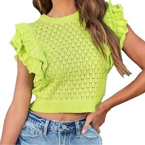 entro Lime Green Ruffled Knit Crop Top